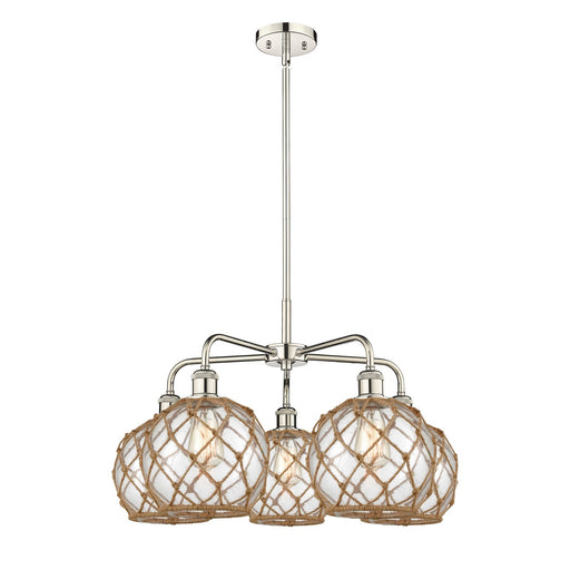 Innovations Farmhouse Rope 27in 5-Light Chandelier | Industrial Polished Nickel and Clear Glass with Brown Rope | Dining Room | Model 516-5CR-PN-G122-8RB