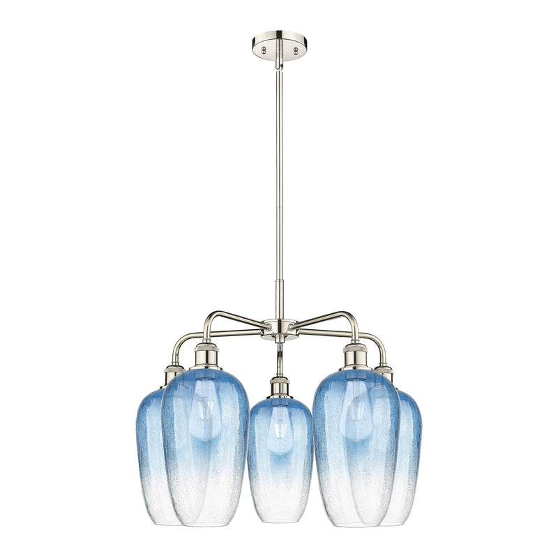 Innovations Brookhaven Flute 26in 5-Light Chandelier | Industrial Polished Nickel and Sapphire Blue Glass | Kitchen Island & | Model 516-5CR-PN-G484-7SB