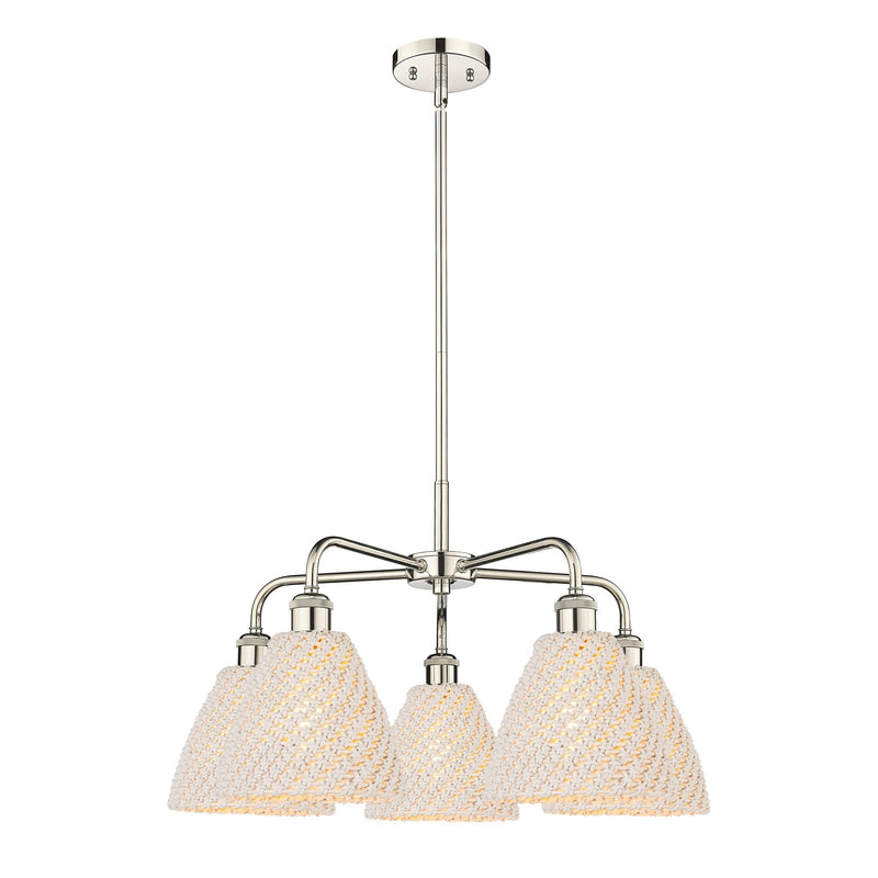 Innovations Bristol Natural 26in 5-Light Chandelier | Industrial Polished Nickel Steel and Natural Fiber Shade | Damp Rated | Model 516-5CR-PN-NBD-75-NAT