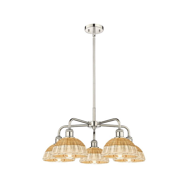 Innovations Bristol Natural II 26in 5-Light Chandelier | Industrial Polished Nickel and Natural Fiber Dome Shade | Damp | Model 516-5CR-PN-NBD2-75-NAT
