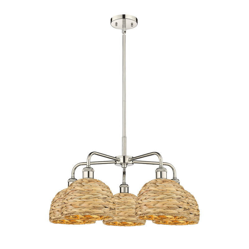 Innovations Ballston 27in 5-Light Chandelier | Industrial Polished Nickel and Natural Rattan | Dining Room & Living Room | Model 516-5CR-PN-RBD-8-NAT