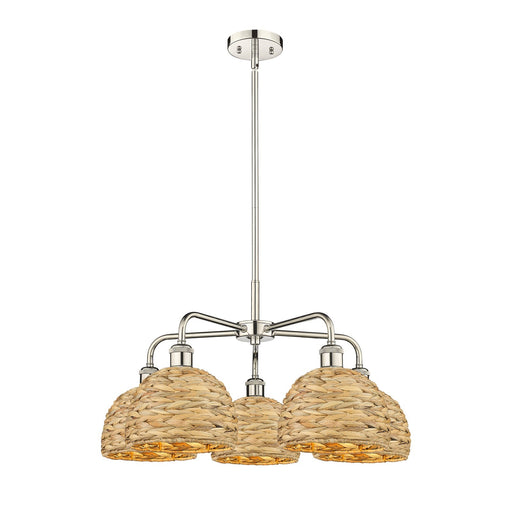 Innovations Ballston 27in 5-Light Chandelier | Industrial Polished Nickel and Natural Rattan | Dining Room & Living Room | Model 516-5CR-PN-RBD-8-NAT