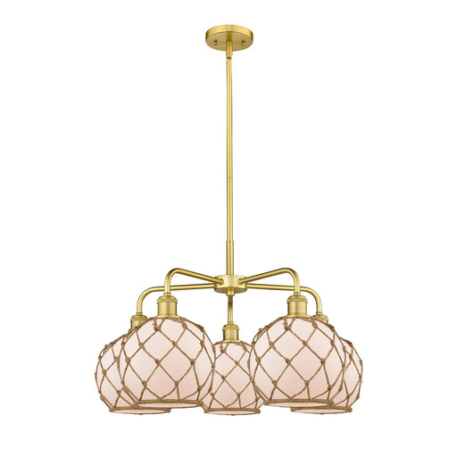Innovations Farmhouse Rope 27in 5-Light Chandelier | Industrial Satin Gold Steel and White Frosted Glass with Brown Rope | Model 516-5CR-SG-G121-8RB