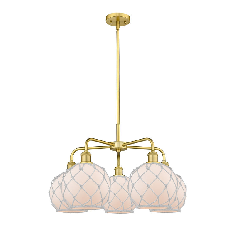 Innovations Farmhouse Rope 27in 5-Light Chandelier | Industrial Satin Gold Steel and White Frosted Glass with Rope Shade | Model 516-5CR-SG-G121-8RW