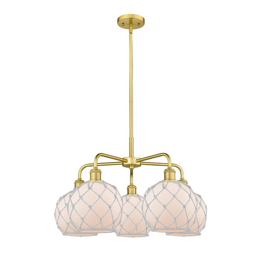 Innovations Farmhouse Rope 27in 5-Light Chandelier | Industrial Satin Gold Steel and White Frosted Glass with Rope Shade | Model 516-5CR-SG-G121-8RW