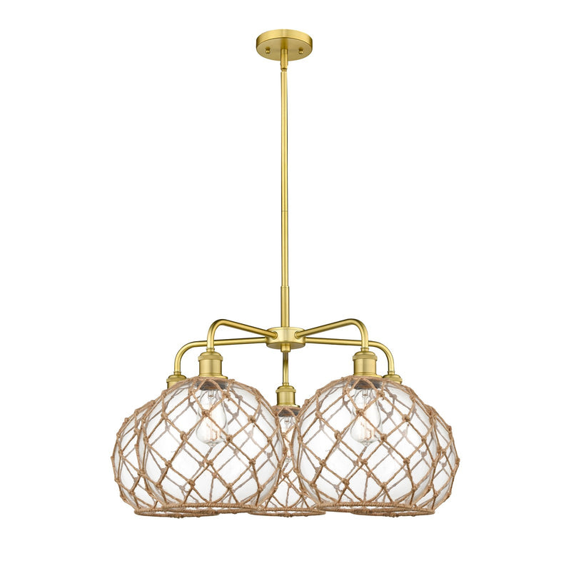 Innovations Farmhouse Rope 29in 5-Light Chandelier | Industrial Satin Gold Steel and Clear Glass | Kitchen Island & Dining | Model 516-5CR-SG-G122-10RB