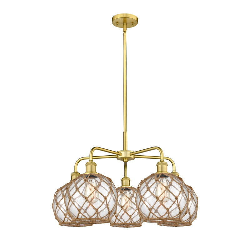 Innovations Farmhouse Rope 27in 5-Light Chandelier | Industrial Satin Gold Steel and Clear Glass with Brown Rope | Dining Room | Model 516-5CR-SG-G122-8RB
