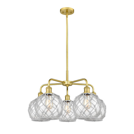 Innovations Farmhouse Rope 27in 5-Light Chandelier | Industrial Satin Gold and Clear Glass with White Rope | Dining Room & | Model 516-5CR-SG-G122-8RW