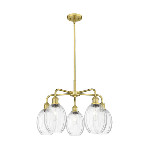Innovations Preston Bulb 25in 5-Light Chandelier | Industrial Satin Gold Steel and Clear Glass | Dining Room & Living Room | Model 516-5CR-SG-G459-6CL