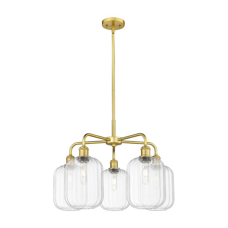 Innovations Preston Cylinder 25in 5-Light Chandelier | Industrial Satin Gold Steel and Clear Glass | Dining Room & Living Room | Model 516-5CR-SG-G460-7CL