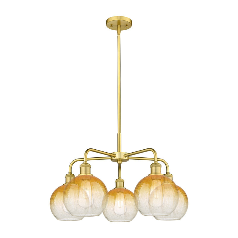Innovations Brookhaven Globe 26in 5-Light Chandelier | Industrial Satin Gold Steel and Amber Glass | Dining Room & Living Room | Model 516-5CR-SG-G483-8AM