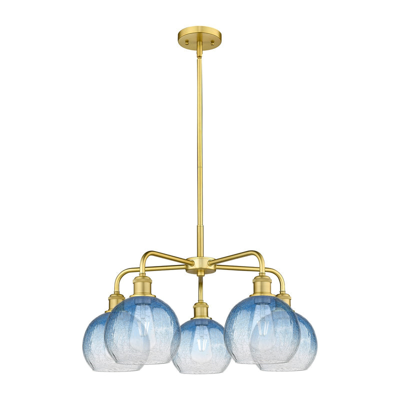 Innovations Brookhaven Globe 26in 5-Light Chandelier | Industrial Satin Gold Steel and Sapphire Blue Glass | Kitchen Island & | Model 516-5CR-SG-G483-8SB