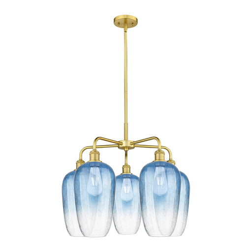 Innovations Brookhaven Flute 26in 5-Light Chandelier | Industrial Satin Gold Steel and Sapphire Blue Glass | Dining Room & | Model 516-5CR-SG-G484-7SB