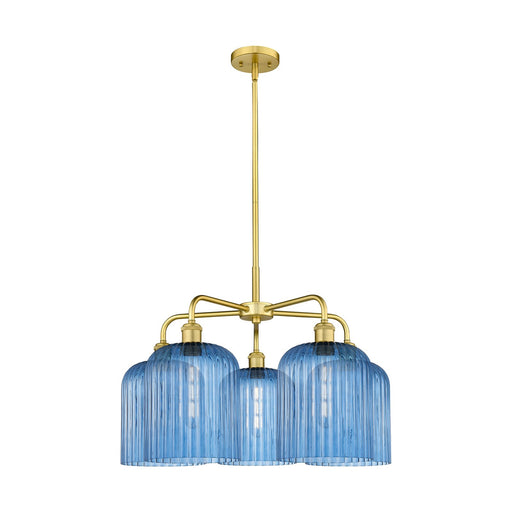 Innovations Bridal Veil 23in 5-Light Chandelier | Art Nouveau Satin Gold Steel and Princess Blue Ribbed Glass | Dining Room & | Model 516-5CR-SG-G559-8BL