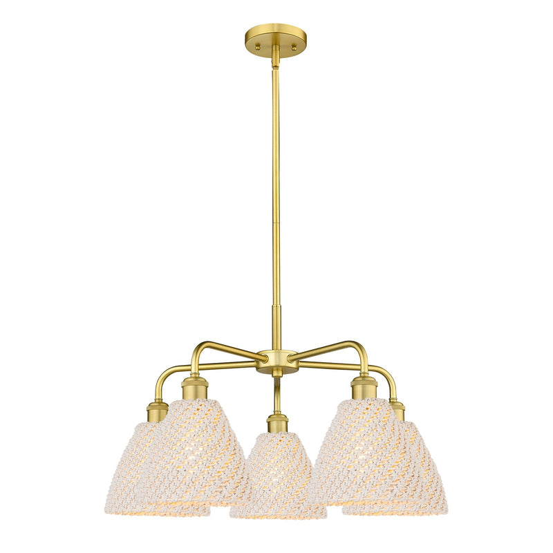 Innovations Bristol Natural 26in 5-Light Chandelier | Industrial Satin Gold Steel and Natural Fiber Dome Shade | Dining Room | Model 516-5CR-SG-NBD-75-NAT