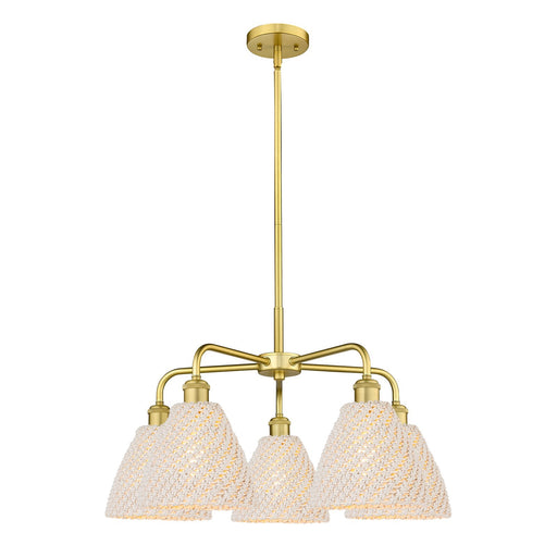 Innovations Bristol Natural 26in 5-Light Chandelier | Industrial Satin Gold Steel and Natural Fiber Dome Shade | Dining Room | Model 516-5CR-SG-NBD-75-NAT