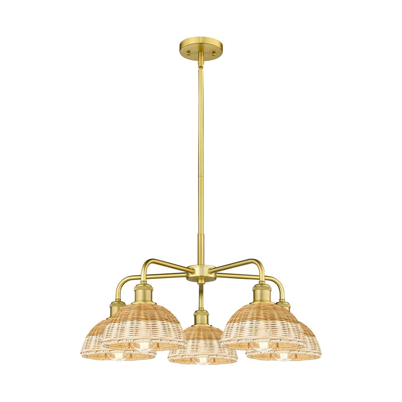 Innovations Bristol Natural II 26in 5-Light Chandelier | Industrial Satin Gold Steel and Natural Fiber Shade | Dining Room | Model 516-5CR-SG-NBD2-75-NAT