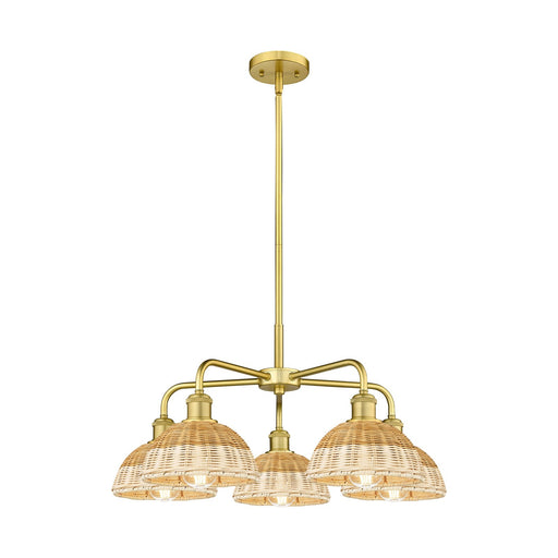 Innovations Bristol Natural II 26in 5-Light Chandelier | Industrial Satin Gold Steel and Natural Fiber Shade | Dining Room | Model 516-5CR-SG-NBD2-75-NAT