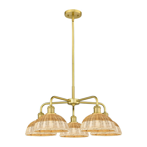 Innovations Bristol Natural II 28in 5-Light Chandelier | Industrial Satin Gold Steel and Natural Fiber Dome Shade | Kitchen | Model 516-5CR-SG-NBD2-9-NAT