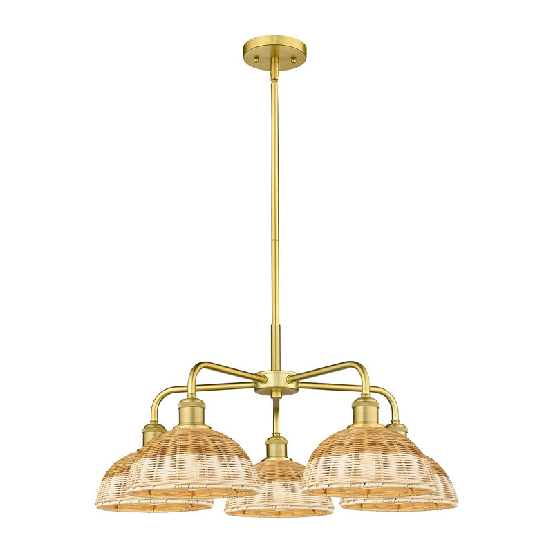 Innovations Bristol Natural II 28in 5-Light Chandelier | Industrial Satin Gold Steel and Natural Fiber Dome Shade | Kitchen | Model 516-5CR-SG-NBD2-9-NAT