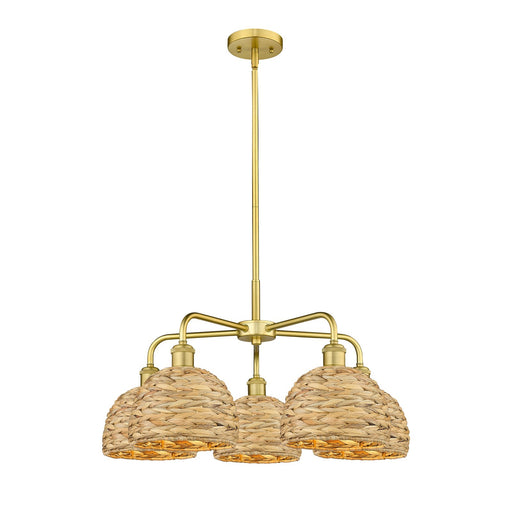 Innovations Woven Rattan 26.5in 5-Light Chandelier | Industrial Satin Gold Steel and Natural Fiber Dome Shade | Kitchen | Model 516-5CR-SG-RBD-8-NAT