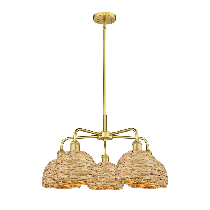 Innovations Woven Rattan 26.5in 5-Light Chandelier | Industrial Satin Gold Steel and Natural Fiber Dome Shade | Kitchen | Model 516-5CR-SG-RBD-8-NAT