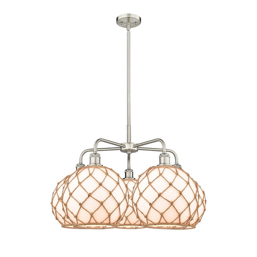 Innovations Farmhouse Rope 28.5in 5-Light Chandelier | Industrial Satin Nickel Steel and Matte White Glass with Brown Rope | Model 516-5CR-SN-G121-10RB