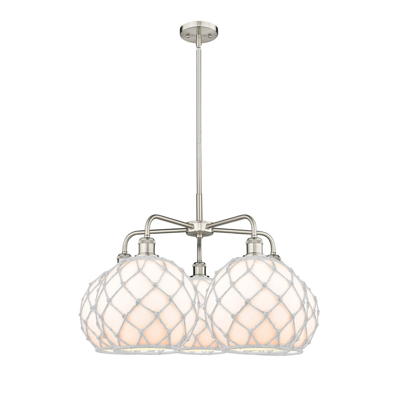 Innovations Farmhouse Rope 29in 5-Light Chandelier | Industrial Satin Nickel Steel and White Glass with Rope | Dining Room & | Model 516-5CR-SN-G121-10RW