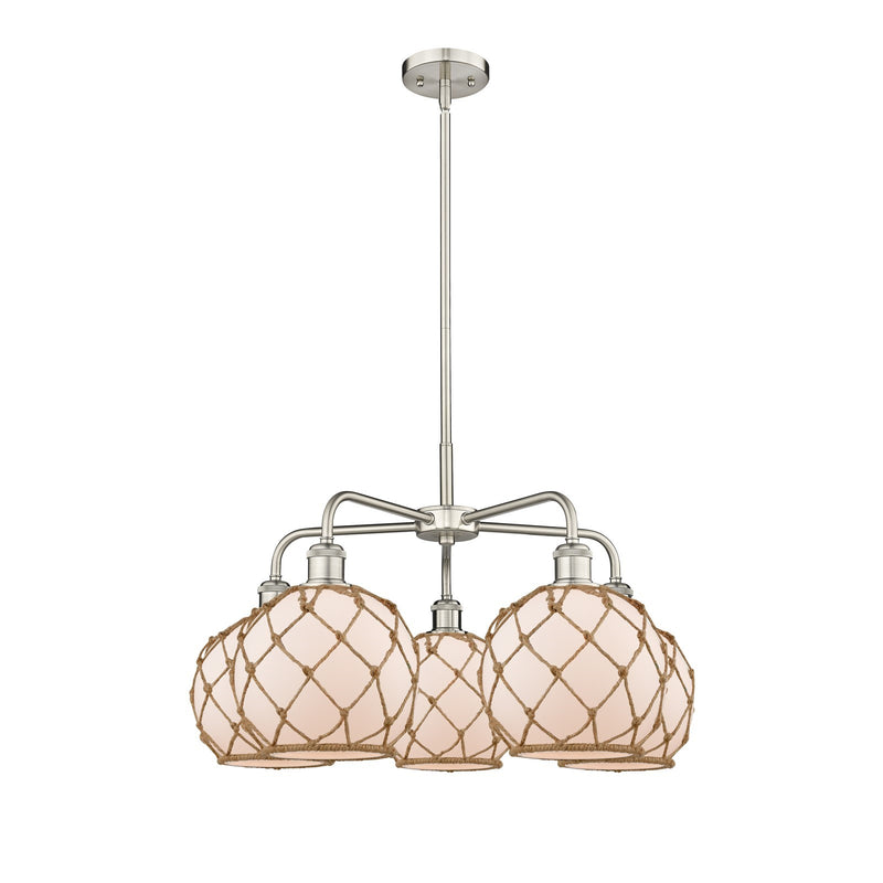 Innovations Farmhouse Rope 27in 5-Light Chandelier | Industrial Satin Nickel and White Glass with Brown Rope | Dining Room & | Model 516-5CR-SN-G121-8RB