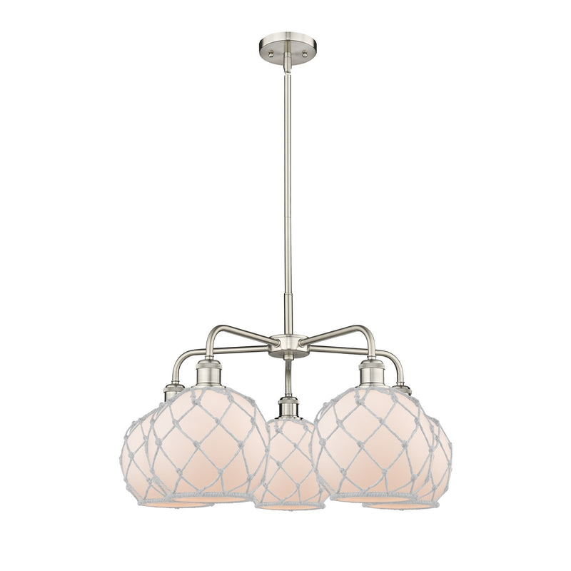 Innovations Farmhouse Rope 27in 5-Light Chandelier | Industrial Satin Nickel and White Frosted Glass with Rope | Dining Room & | Model 516-5CR-SN-G121-8RW