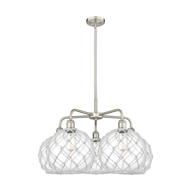 Innovations Farmhouse Rope 29in 5-Light Chandelier | Industrial Satin Nickel Steel and Clear Glass with White Rope | Dining | Model 516-5CR-SN-G122-10RW