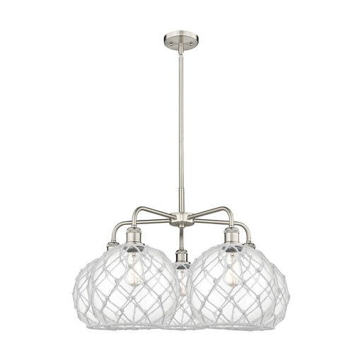 Innovations Farmhouse Rope 29in 5-Light Chandelier | Industrial Satin Nickel Steel and Clear Glass with White Rope | Dining | Model 516-5CR-SN-G122-10RW