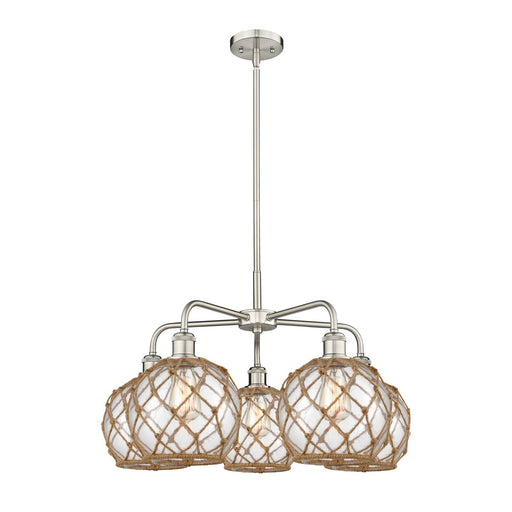 Innovations Farmhouse Rope 27in 5-Light Chandelier | Industrial Satin Nickel and Clear Glass with Brown Rope | Dining Room & | Model 516-5CR-SN-G122-8RB