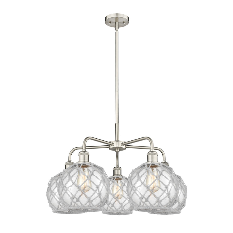 Innovations Farmhouse Rope 27in 5-Light Chandelier | Industrial Satin Nickel and Clear Glass with White Rope | Dining Room & | Model 516-5CR-SN-G122-8RW