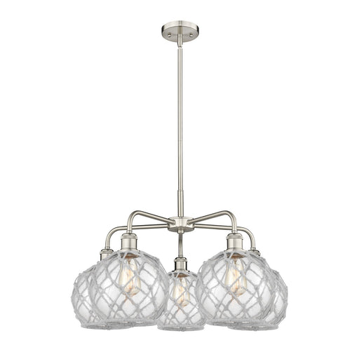 Innovations Farmhouse Rope 27in 5-Light Chandelier | Industrial Satin Nickel and Clear Glass with White Rope | Dining Room & | Model 516-5CR-SN-G122-8RW