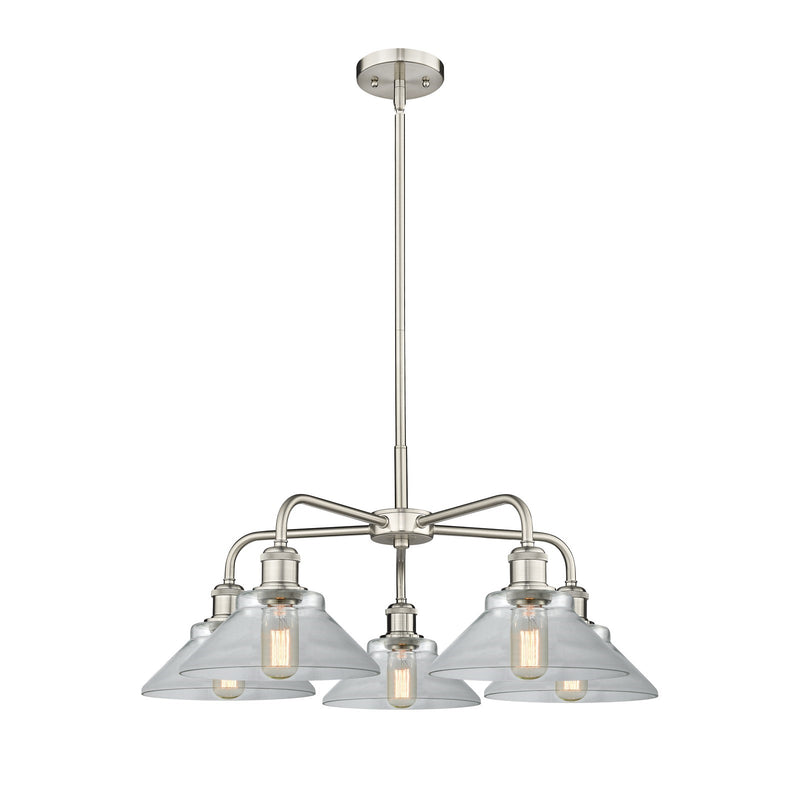 Innovations Orwell 26in 5-Light Chandelier | Industrial Satin Nickel and Clear Glass | Dining Room & Living Room | 26.38 x 26.38 x | Model 516-5CR-SN-G132