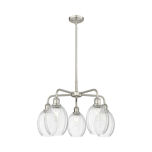 Innovations Preston Bulb 25in 5-Light Chandelier | Industrial Satin Nickel and Clear Glass | Dining Room & Open Living Area | Model 516-5CR-SN-G459-6CL