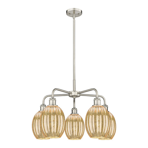 Innovations Preston Bulb 25in 5-Light Chandelier | Industrial Satin Nickel and Mercury Glass | Kitchen Island & Dining Room | Model 516-5CR-SN-G459-6ME