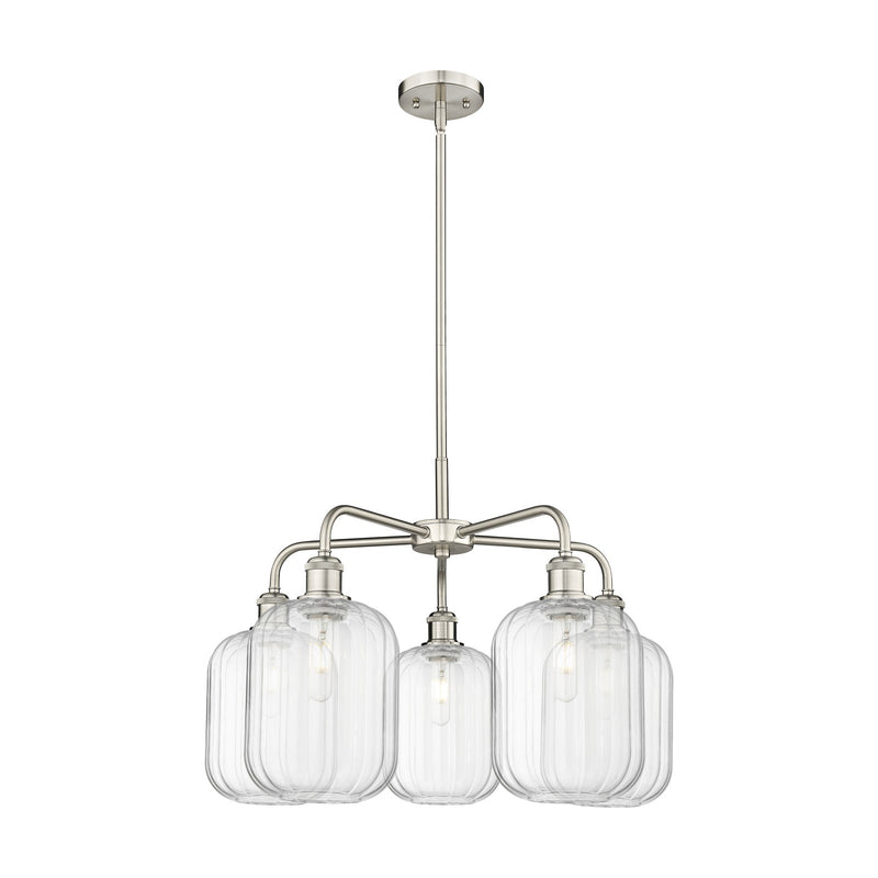 Innovations Preston Cylinder 25in 5-Light Chandelier | Industrial Satin Nickel Steel and Clear Glass | Kitchen Island & Dining | Model 516-5CR-SN-G460-7CL