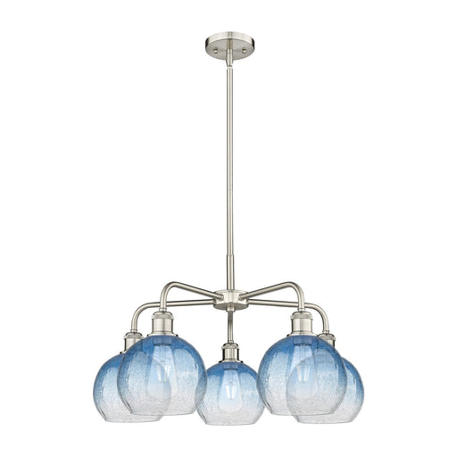 Innovations Brookhaven Globe 26in 5-Light Chandelier | Industrial Satin Nickel and Sapphire Blue Glass | Dining Room & Living | Model 516-5CR-SN-G483-8SB
