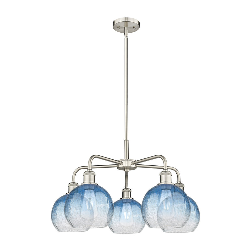 Innovations Brookhaven Globe 26in 5-Light Chandelier | Industrial Satin Nickel and Sapphire Blue Glass | Dining Room & Living | Model 516-5CR-SN-G483-8SB