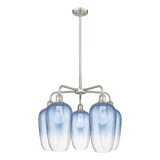 Innovations Brookhaven Flute 26in 5-Light Chandelier | Industrial Satin Nickel Steel and Sapphire Blue Glass | Kitchen Island | Model 516-5CR-SN-G484-7SB