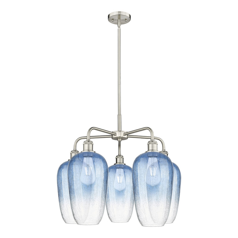 Innovations Brookhaven Flute 26in 5-Light Chandelier | Industrial Satin Nickel Steel and Sapphire Blue Glass | Kitchen Island | Model 516-5CR-SN-G484-7SB
