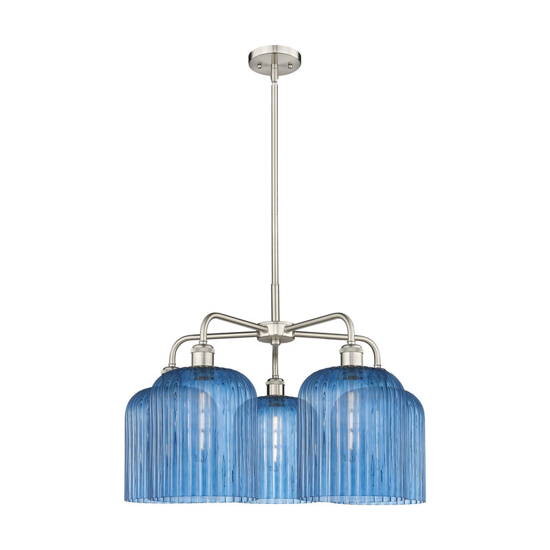Innovations Bridal Veil 23in 5-Light Chandelier | Art Nouveau Satin Nickel and Princess Blue Ribbed Glass | Kitchen Island & | Model 516-5CR-SN-G559-8BL