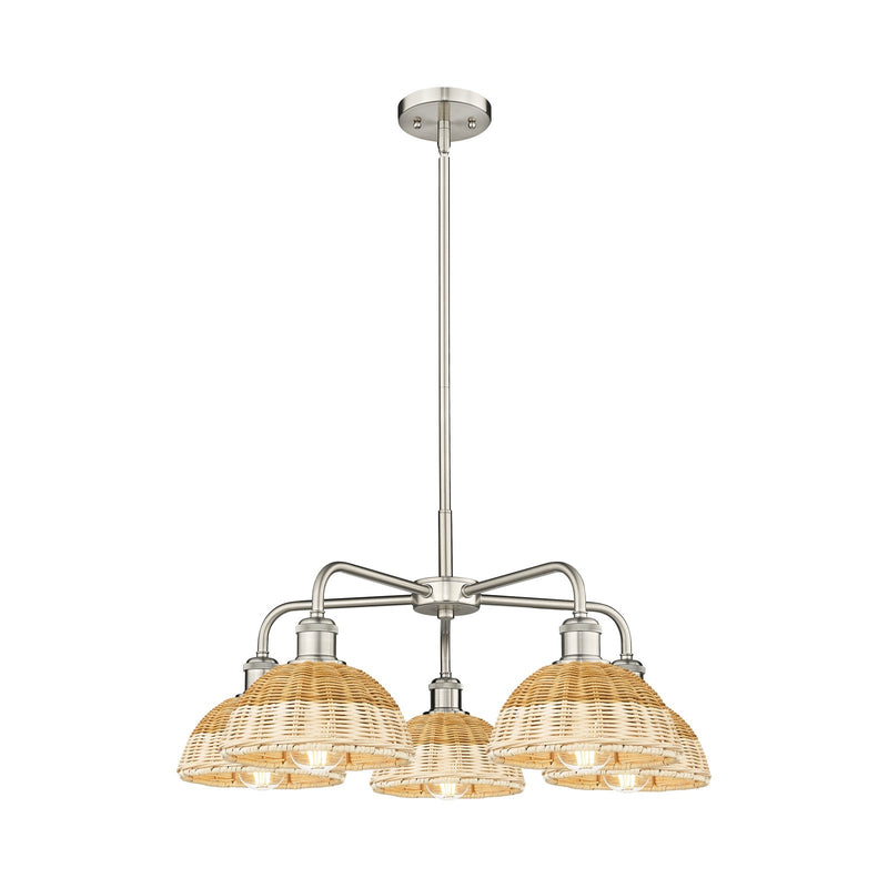 Innovations Bristol Natural II 26in 5-Light Chandelier | Industrial Satin Nickel Steel and Natural Fiber Dome Shade | Model 516-5CR-SN-NBD2-75-NAT