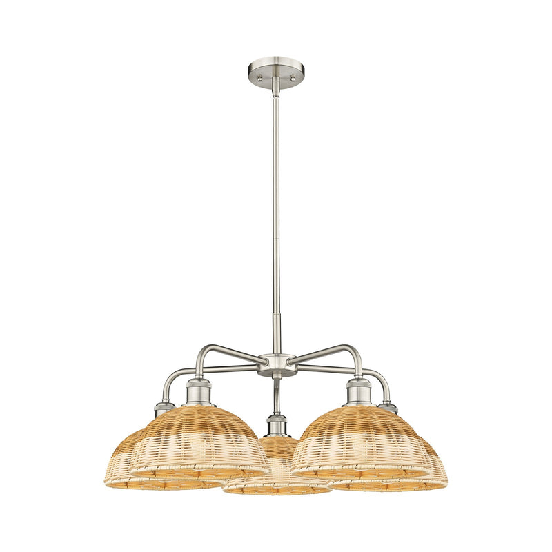 Innovations Lighting Bristol Natural II 28in 5-Light Chandelier | Industrial Satin Nickel and Natural Fiber Shade | Damp | Model 516-5CR-SN-NBD2-9-NAT
