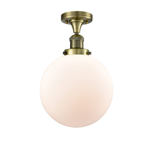 Innovations Beacon 10in 1-Light Semi-Flush Mount | Industrial Antique Brass Steel and Matte White Frosted Glass | Entryway & | Model 517-1CH-AB-G201-10