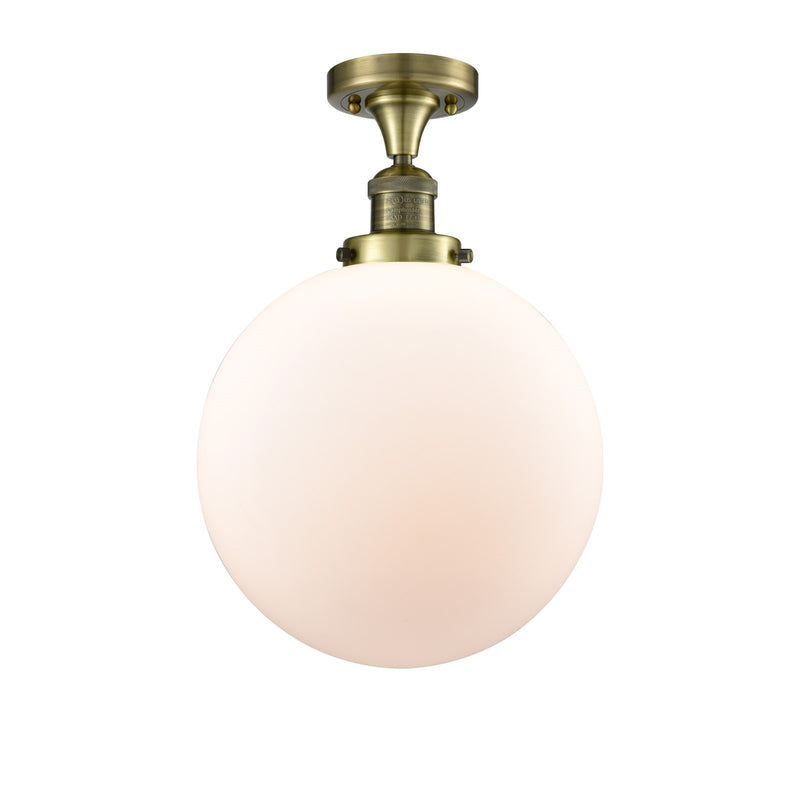 Innovations Beacon 12in 1-Light Semi-Flush | Industrial Antique Brass Steel and Matte White Frosted Glass | Hallway & | Model 517-1CH-AB-G201-12-LED