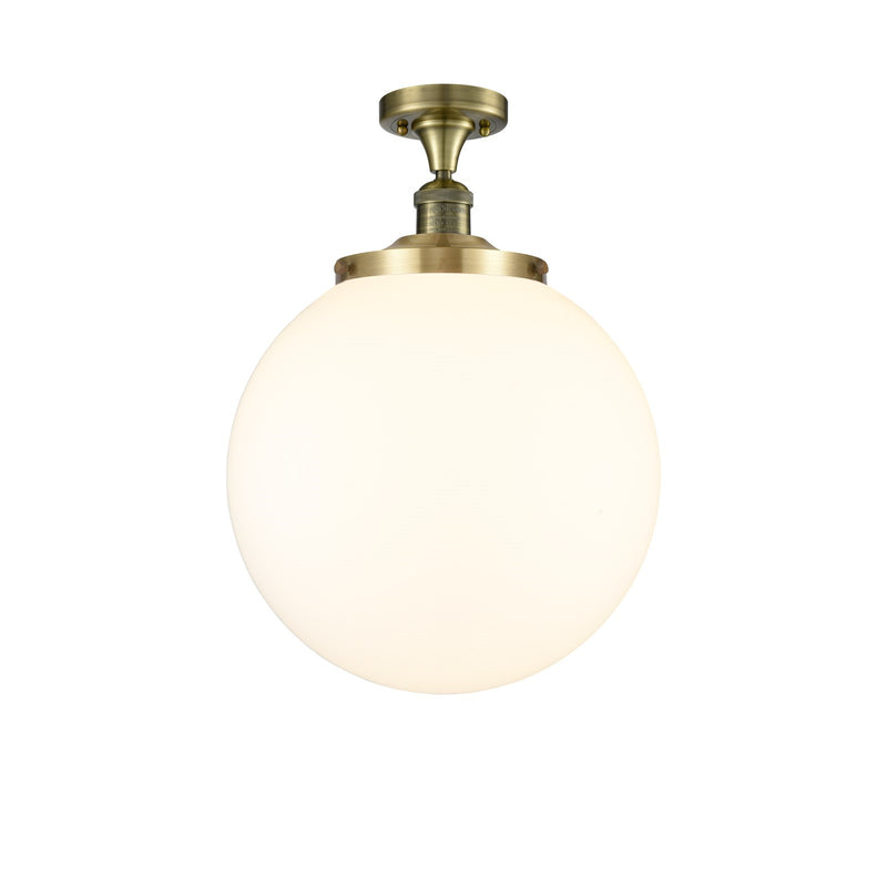 Innovations Beacon 14in 1-Light Semi-Flush Mount | Industrial Antique Brass and Matte White Frosted Glass | Entryway & Hallway | Model 517-1CH-AB-G201-14