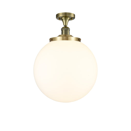 Innovations Beacon 14in 1-Light Semi-Flush Mount | Industrial Antique Brass and Matte White Frosted Glass | Entryway & Hallway | Model 517-1CH-AB-G201-14